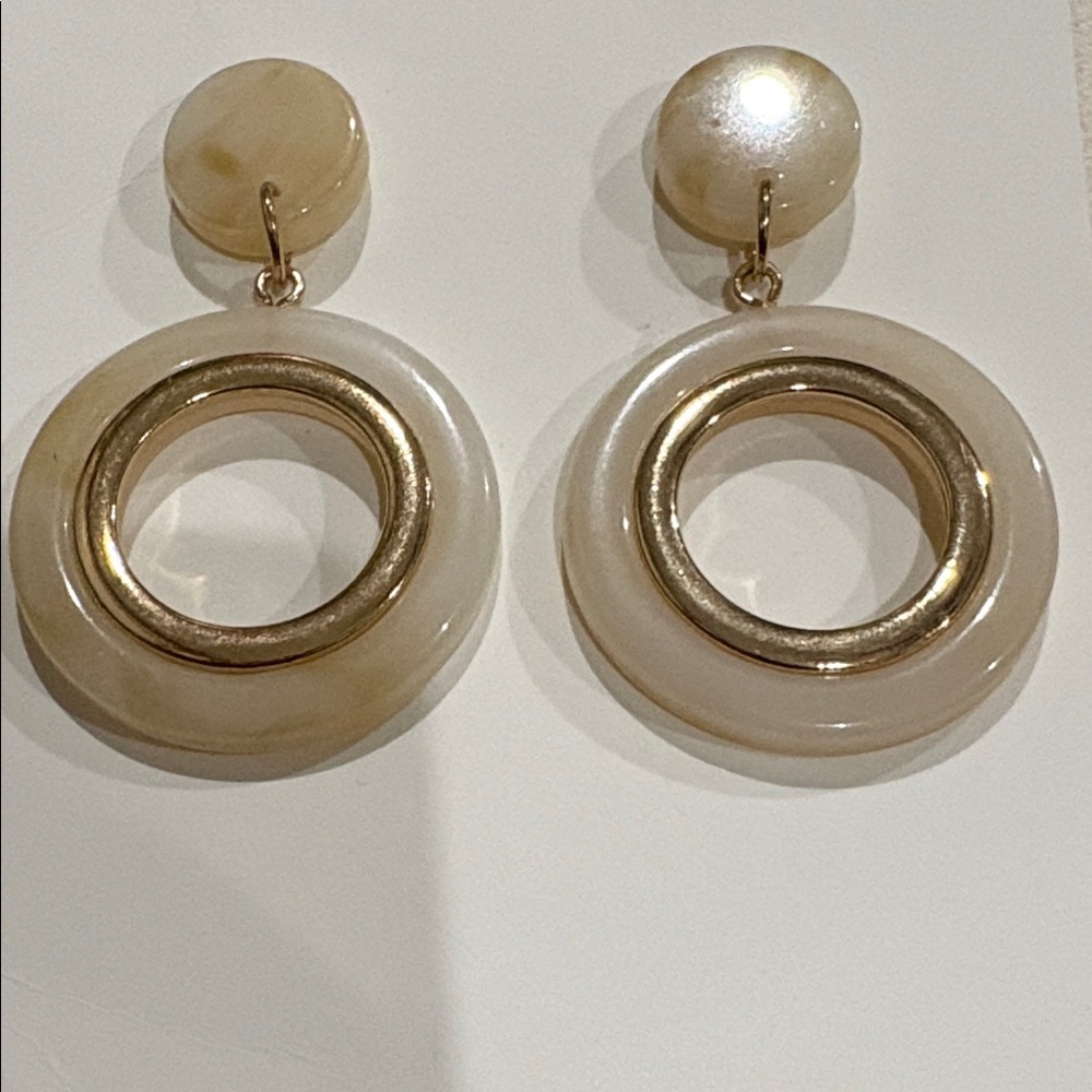 Gold Accent Cream Hoop Drop Earrings